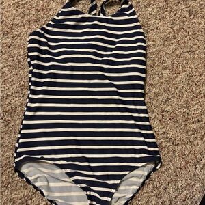 Lands End 12 slim Navy and White Striped Swimsuit